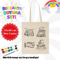 Bez çanta boyama seti taşıtlar desenli (35x40cm)